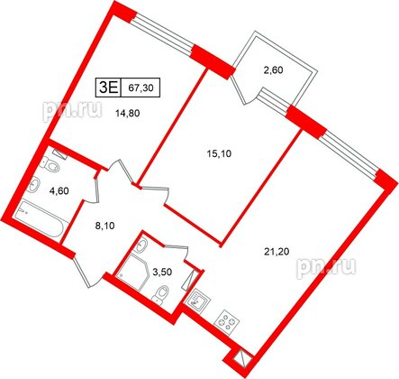 Квартира в ЖК «Цвет Зеленогорска», 2 комнатная, 67.3 м², 4 этаж