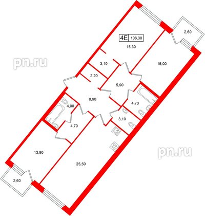 Квартира в ЖК «Цвет Зеленогорска», 3 комнатная, 106.3 м², 2 этаж