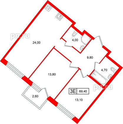 Квартира в ЖК «Цвет Зеленогорска», 2 комнатная, 69.4 м², 2 этаж