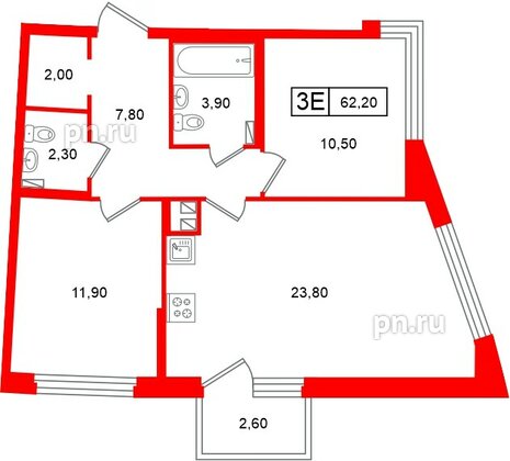 Квартира в ЖК «Цвет Зеленогорска», 2 комнатная, 62.2 м², 4 этаж