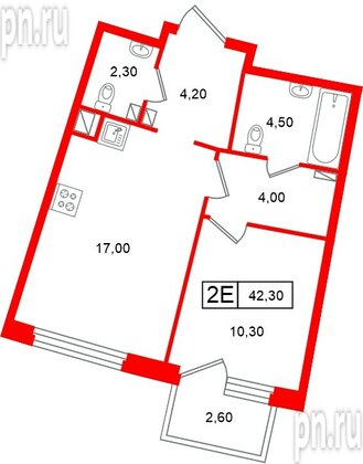 Квартира в ЖК «Цвет Зеленогорска», 1 комнатная, 42.3 м², 4 этаж
