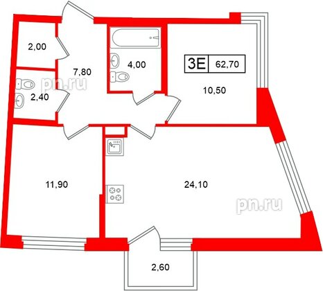 Квартира в ЖК «Цвет Зеленогорска», 2 комнатная, 62.7 м², 2 этаж