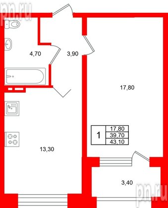 Квартира в ЖК «Сибирь», 1 комнатная, 43.1 м², 2 этаж