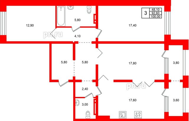 Квартира в ЖК «Сибирь», 3 комнатная, 100 м², 5 этаж