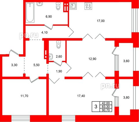 Квартира в ЖК «Сибирь», 3 комнатная, 90.7 м², 2 этаж