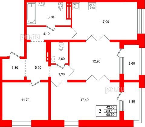 Квартира в ЖК «Сибирь», 3 комнатная, 90.5 м², 14 этаж