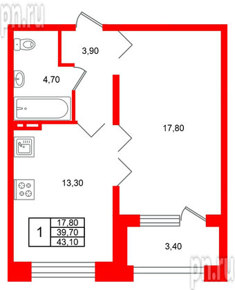 Квартира в ЖК Сибирь, 1 комнатная, 43.1 м², 3 этаж