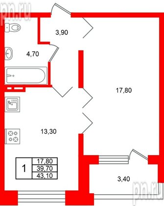 Квартира в ЖК «Сибирь», 1 комнатная, 43.1 м², 6 этаж