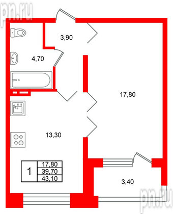 Квартира в ЖК Сибирь, 1 комнатная, 43.1 м², 8 этаж
