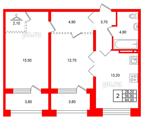 Квартира в ЖК Сибирь, 2 комнатная, 64.3 м², 15 этаж