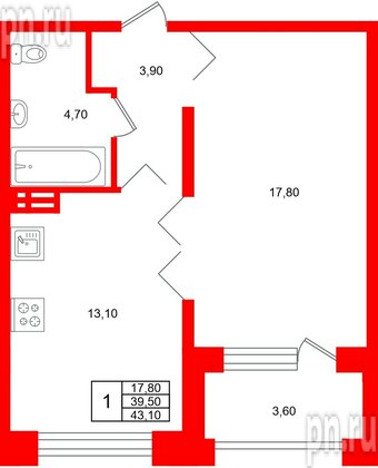 Квартира в ЖК «Сибирь», 1 комнатная, 43.1 м², 3 этаж