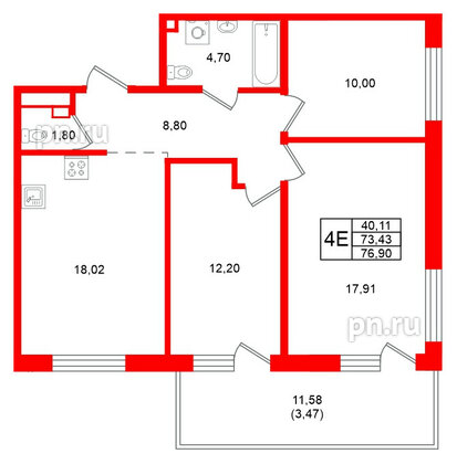 Квартира в ЖК Grona Lund, 3 комнатная, 76.9 м², 6 этаж