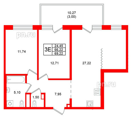 Квартира в ЖК Grona Lund, 2 комнатная, 69.22 м², 6 этаж