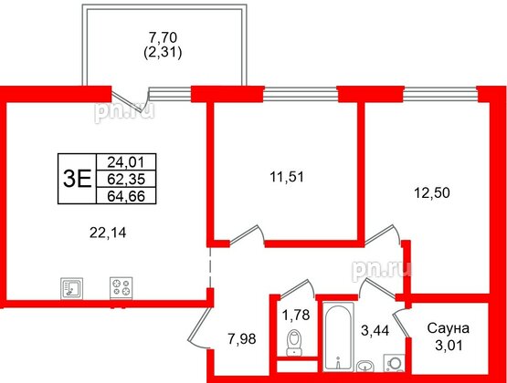 Квартира в ЖК «Грена Лунд», 2 комнатная, 64.66 м², 5 этаж