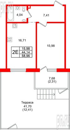 Квартира в ЖК «Грена Лунд», 1 комнатная, 58.96 м², 1 этаж