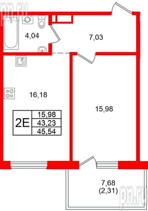 Квартира в ЖК «Грена Лунд», 1 комнатная, 45.54 м², 2 этаж