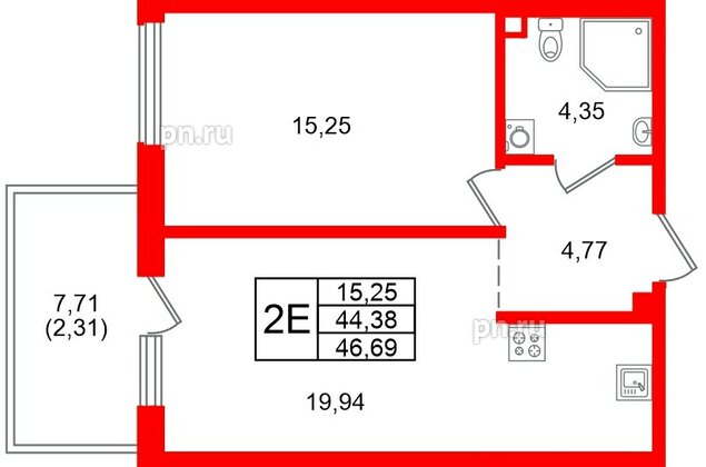 Квартира в ЖК «Грена Лунд», 1 комнатная, 46.69 м², 1 этаж