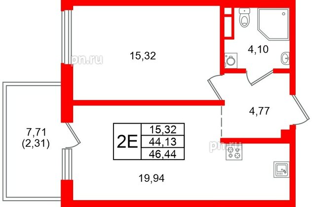 Квартира в ЖК «Грена Лунд», 1 комнатная, 46.44 м², 5 этаж