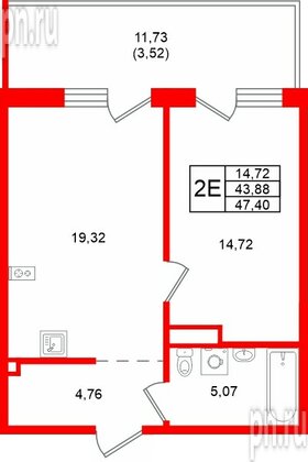 Квартира в ЖК «Грена Лунд», 1 комнатная, 47.4 м², 1 этаж