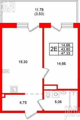 Квартира в ЖК «Грена Лунд», 1 комнатная, 47.33 м², 2 этаж