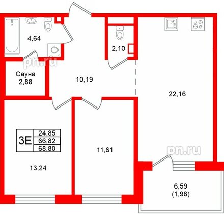 Квартира в ЖК «Грена Лунд», 2 комнатная, 68.8 м², 3 этаж