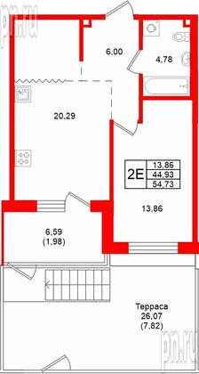 Квартира в ЖК «Грена Лунд», 1 комнатная, 54.73 м², 1 этаж