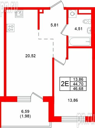 Квартира в ЖК «Грена Лунд», 1 комнатная, 46.68 м², 2 этаж
