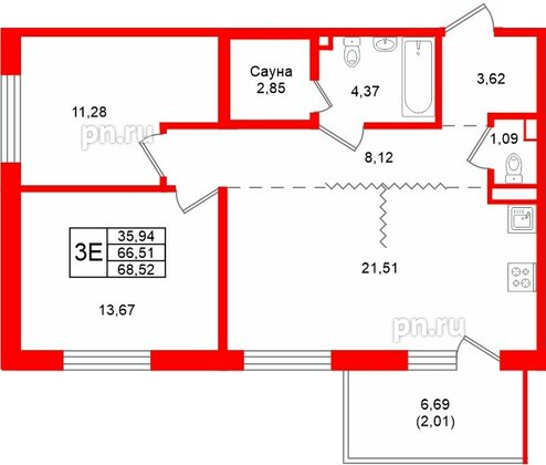 Квартира в ЖК «Грена Лунд», 2 комнатная, 68.52 м², 4 этаж