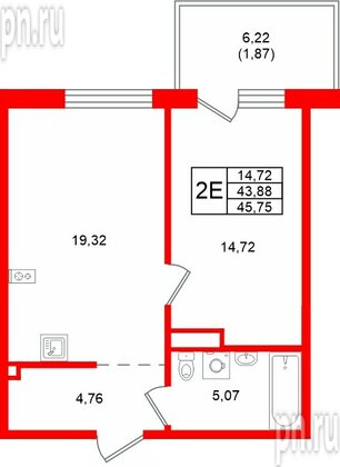 Квартира в ЖК «Грена Лунд», 1 комнатная, 45.75 м², 1 этаж