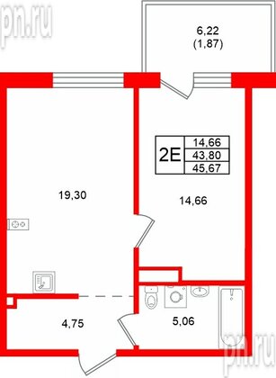 Квартира в ЖК «Грена Лунд», 1 комнатная, 45.67 м², 5 этаж