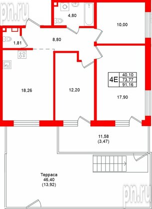 Квартира в ЖК «Грена Лунд», 3 комнатная, 91.16 м², 1 этаж