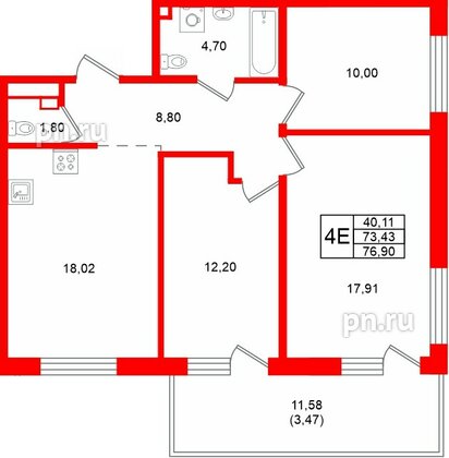 Квартира в ЖК «Грена Лунд», 3 комнатная, 76.9 м², 2 этаж
