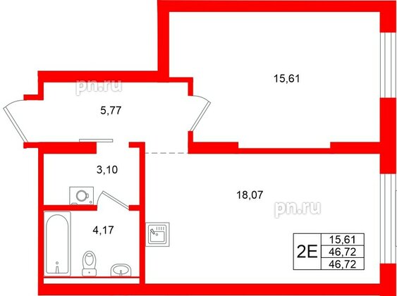 Квартира в ЖК «Брусника в Новоселье», 1 комнатная, 46.72 м², 3 этаж