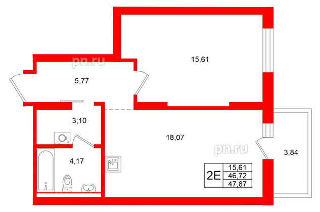 Квартира в ЖК Брусника в Новоселье, 1 комнатная, 47.87 м², 5 этаж