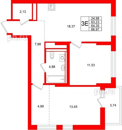 Квартира в ЖК «Брусника в Новоселье», 2 комнатная, 64.35 м², 9 этаж