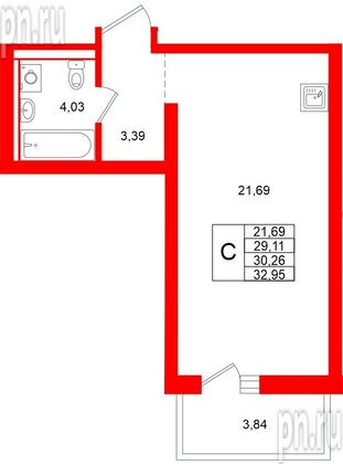 Квартира в ЖК «Брусника в Новоселье», студия, 30.26 м², 9 этаж