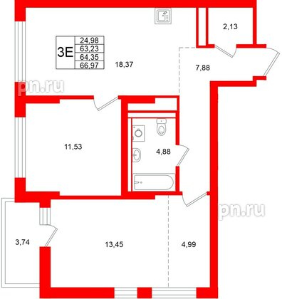 Квартира в ЖК «Брусника в Новоселье», 2 комнатная, 64.35 м², 9 этаж
