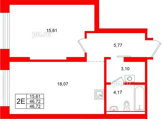 Квартира в ЖК «Брусника в Новоселье», 1 комнатная, 46.72 м², 2 этаж