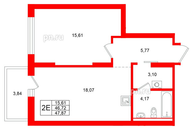 Квартира в ЖК Брусника в Новоселье, 1 комнатная, 47.87 м², 7 этаж