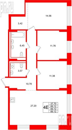 Квартира в ЖК «Брусника в Новоселье», 3 комнатная, 89.12 м², 1 этаж