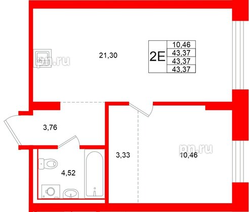 Квартира в ЖК «Брусника в Новоселье», 1 комнатная, 43.37 м², 1 этаж