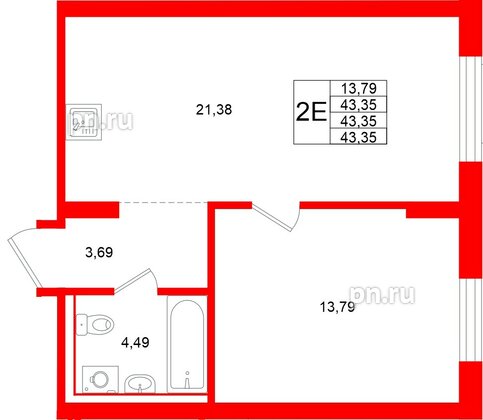 Квартира в ЖК «Брусника в Новоселье», 1 комнатная, 43.35 м², 3 этаж
