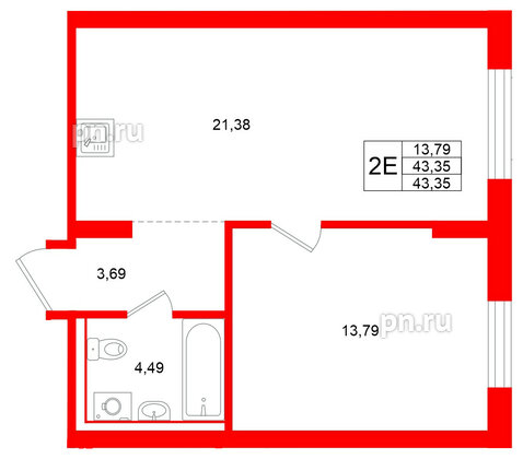 Квартира в ЖК «Брусника в Новоселье», 1 комнатная, 43.35 м², 4 этаж
