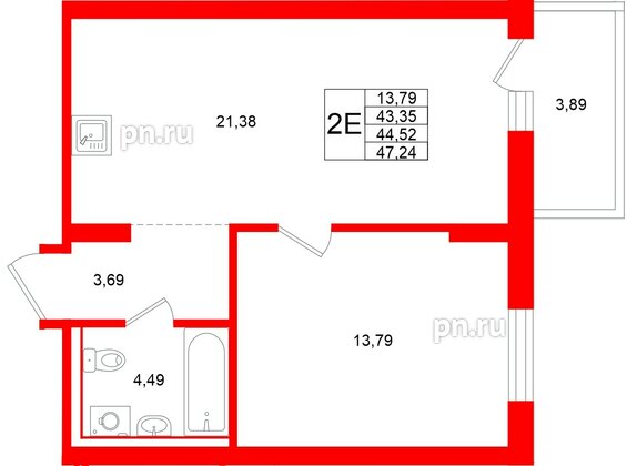 Квартира в ЖК «Брусника в Новоселье», 1 комнатная, 44.52 м², 9 этаж