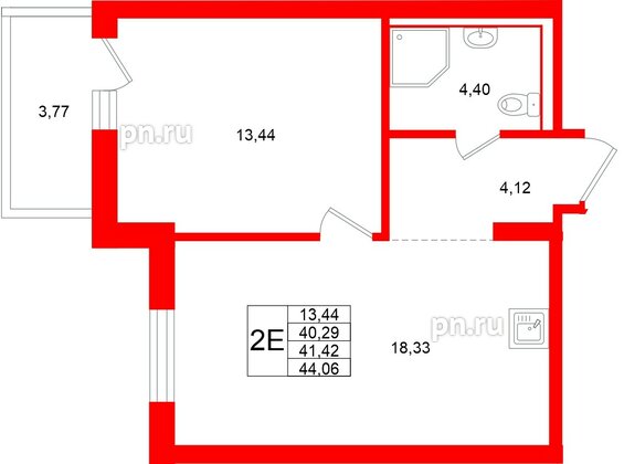 Квартира в ЖК «Брусника в Новоселье», 1 комнатная, 41.42 м², 6 этаж