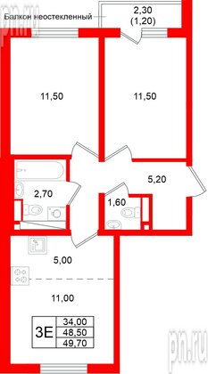 Квартира в ЖК «Ржевский парк», 2 комнатная, 49.7 м², 3 этаж