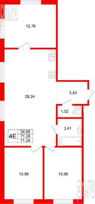 Квартира в ЖК «Стороны Света 2», 3 комнатная, 71.28 м², 4 этаж