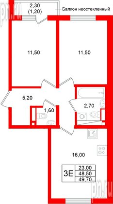 Квартира в ЖК «Ржевский парк», 2 комнатная, 49.7 м², 7 этаж