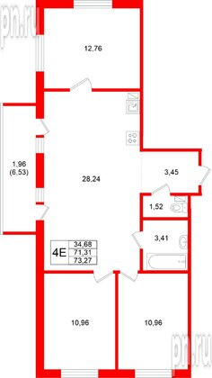 Квартира в ЖК «Стороны Света 2», 3 комнатная, 73.27 м², 17 этаж