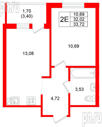 Квартира в ЖК Стороны Света 2, 1 комнатная, 33.72 м², 9 этаж